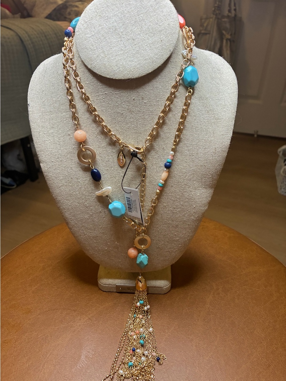 Chico’s Gold Tone Turquoise Coral Beaded Tassel Statement Necklace. NWT